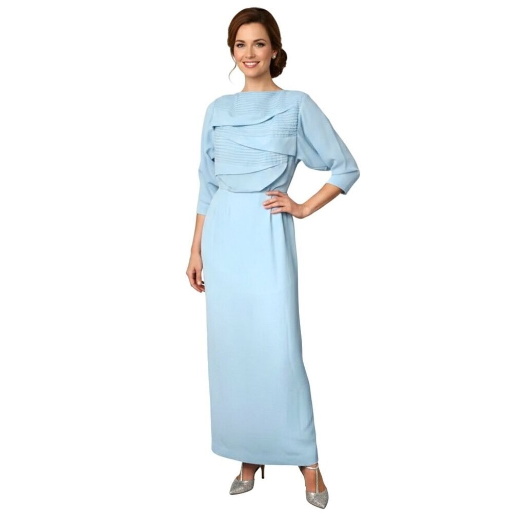 VTG Handmade Light Blue Maxi Gown Dress Pleated Layered Bodice Billow Sleeve